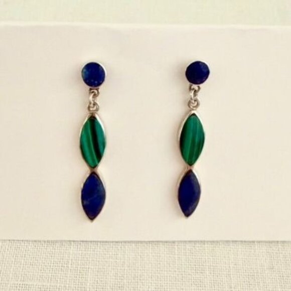 Lapis Lazuli and Malachite Drop Earrings Silver Tone Pierced - Picture 5 of 8